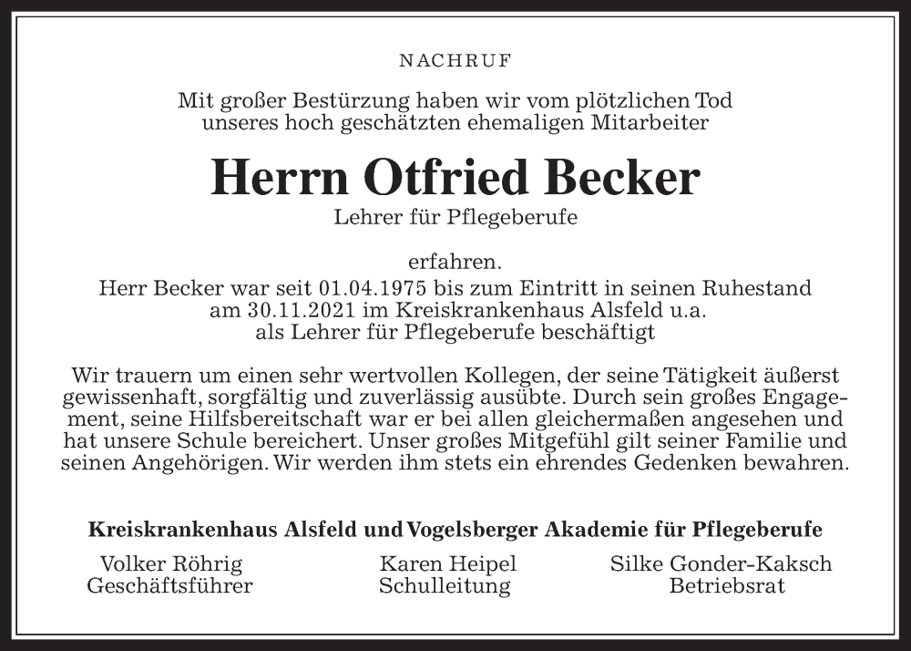  Traueranzeige für Otfried Becker vom 13.09.2024 aus Oberhessische Zeitung
