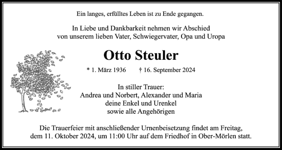 Traueranzeige von Otto Steuler von Wetterauer Zeitung