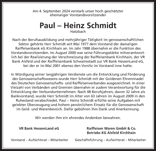 Traueranzeige von Paul-Heinz Schmidt von Oberhessische Zeitung
