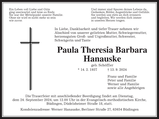 Traueranzeige von Paula Theresia Barbara Hanauske von Kreis-Anzeiger