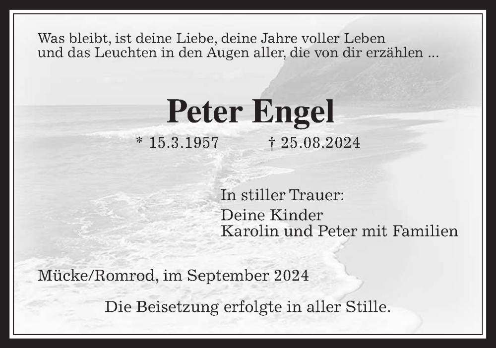  Traueranzeige für Peter Engel vom 19.09.2024 aus Mücker Stimme