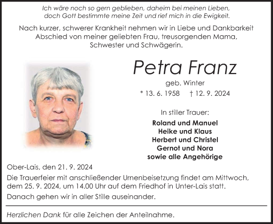 Traueranzeige von Petra Franz von Kreis-Anzeiger