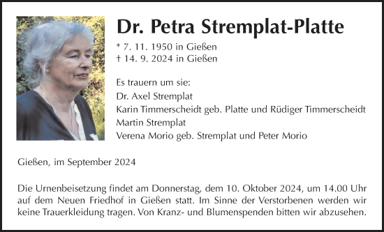 Traueranzeige von Petra Stremplat-Platte von Giessener Allgemeine, Alsfelder Allgemeine, Giessener Anzeiger