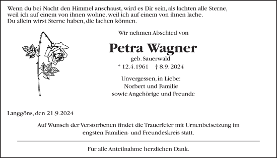Traueranzeige von Petra Wagner von Giessener Allgemeine, Alsfelder Allgemeine