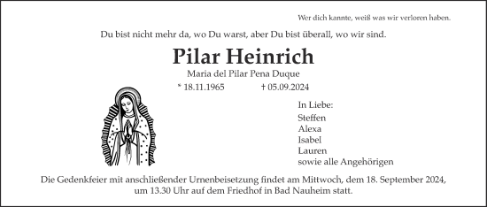 Traueranzeige von Pilar Heinrich von Wetterauer Zeitung