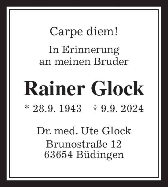 Traueranzeige von Rainer Glock von Giessener Allgemeine, Alsfelder Allgemeine