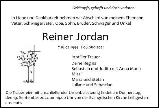 Traueranzeige von Reiner Jordan von Giessener Allgemeine, Alsfelder Allgemeine