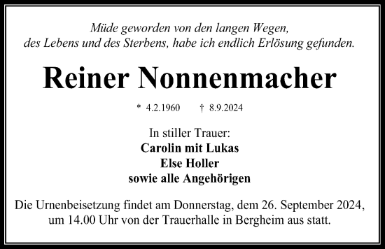 Traueranzeige von Reiner Nonnenmacher von Kreis-Anzeiger