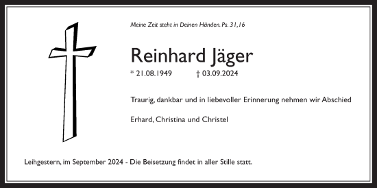 Traueranzeige von Reinhard Jäger von Giessener Allgemeine, Alsfelder Allgemeine