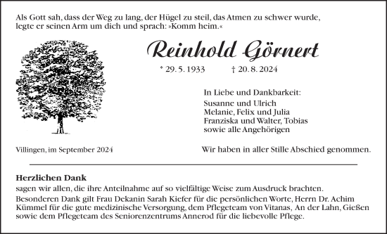 Traueranzeige von Reinhold Görnert von Giessener Allgemeine, Alsfelder Allgemeine, Giessener Anzeiger