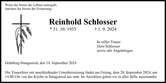 Traueranzeige von Reinhold Schlosser von Giessener Allgemeine, Alsfelder Allgemeine