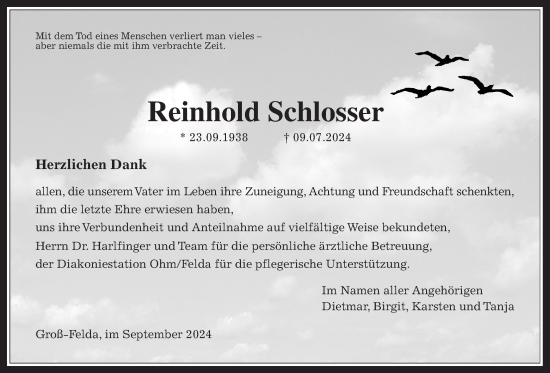 Traueranzeige von Reinhold Schlosser von Oberhessische Zeitung
