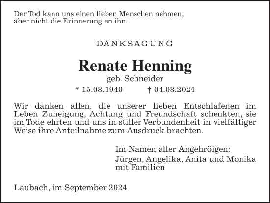 Traueranzeige von Renate Henning von Laubacher Anzeiger