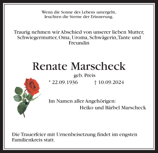 Traueranzeige von Renate Marscheck von Giessener Allgemeine, Alsfelder Allgemeine, Giessener Anzeiger