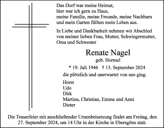 Traueranzeige von Renate Nagel von Butzbacher Zeitung