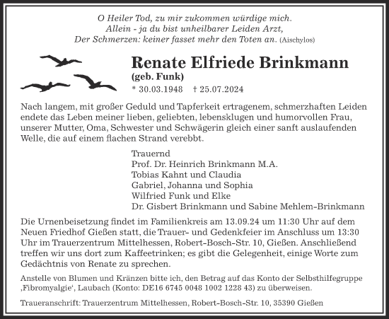 Traueranzeige von Renate Elfriede Brinkmann von Giessener Anzeiger, Giessener Allgemeine, Alsfelder Allgemeine