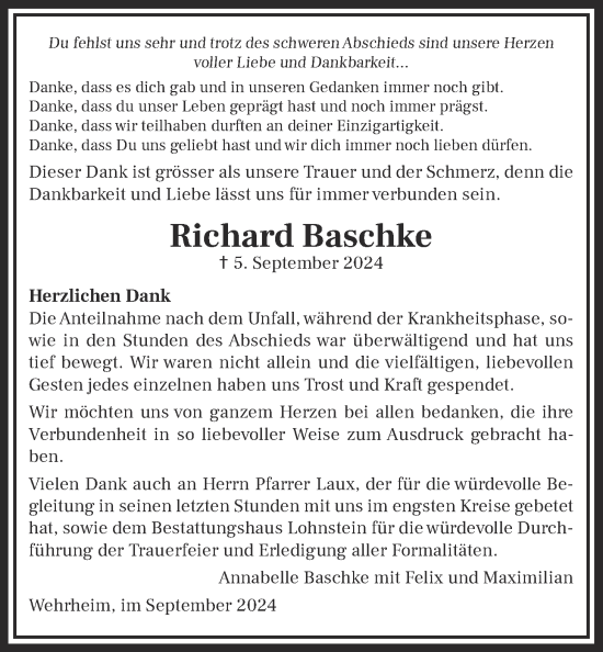 Traueranzeige von Richard Baschke von Usinger Anzeiger