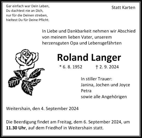 Traueranzeige von Roland Langer von Giessener Allgemeine, Alsfelder Allgemeine