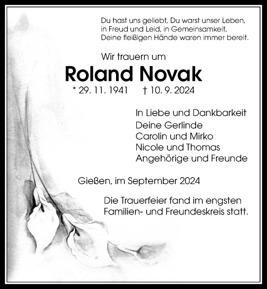 Traueranzeige von Roland Novak von Giessener Allgemeine, Alsfelder Allgemeine