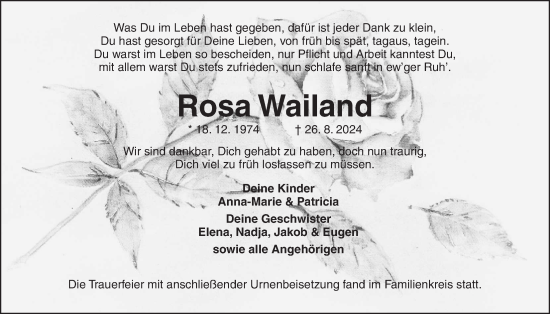 Traueranzeige von Rosa Wailand von Kreis-Anzeiger