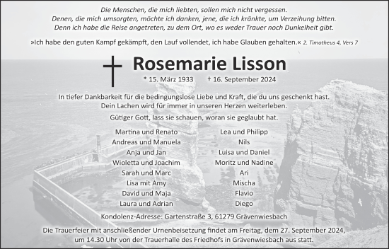 Traueranzeige von Rosemarie Lisson von Usinger Anzeiger