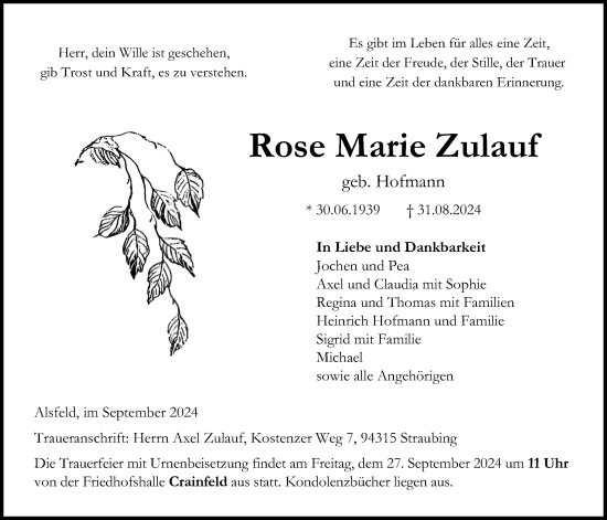 Traueranzeige von Rose Marie Zulauf von Oberhessische Zeitung