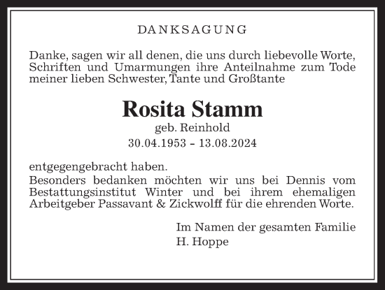 Traueranzeige von Rosita Stamm von Bad Vilbel/Karben