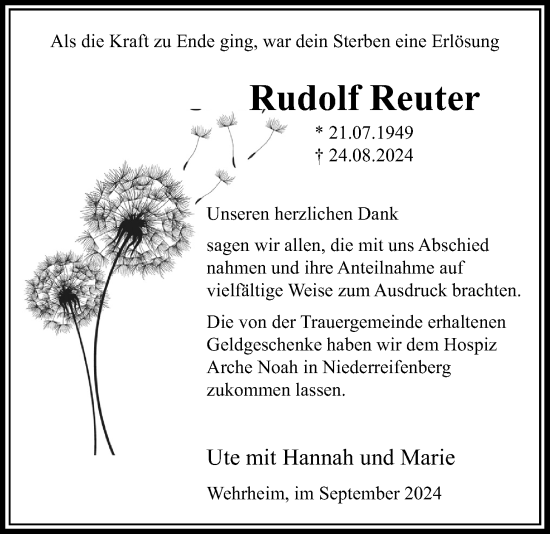 Traueranzeige von Rudolf Reuter von Usinger Anzeiger