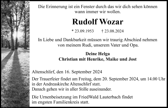 Traueranzeige von Rudolf Wozar von Lauterbacher Anzeiger