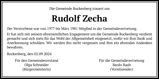 Traueranzeige von Rudolf Zecha von Wetterauer Zeitung, Butzbacher Zeitung