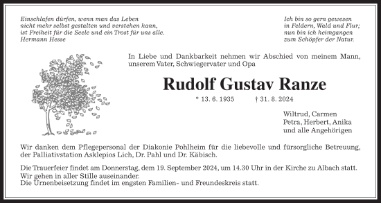 Traueranzeige von Rudolf Gustav Ranze von Giessener Allgemeine, Alsfelder Allgemeine