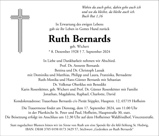 Traueranzeige von Ruth Bernards 