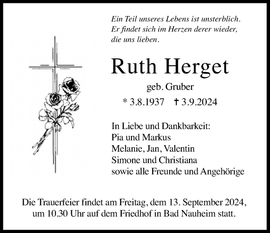 Traueranzeige von Ruth Herget von Wetterauer Zeitung
