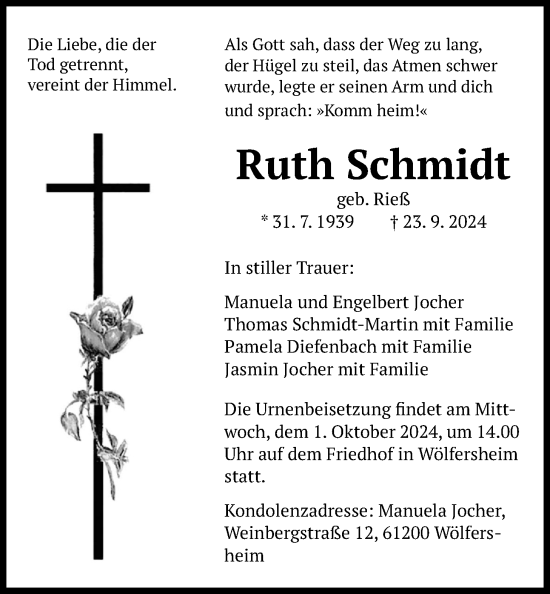 Traueranzeige von Ruth Schmidt von Wetterauer Zeitung