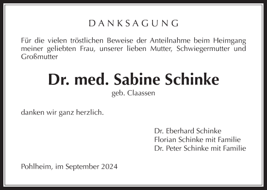 Traueranzeige von Sabine Schinke von Giessener Allgemeine, Alsfelder Allgemeine
