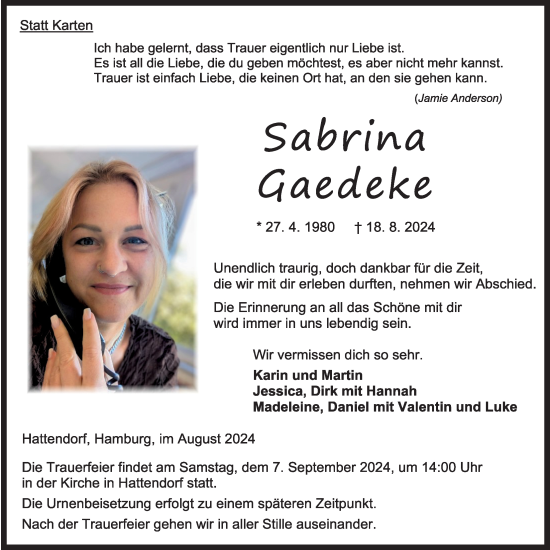 Traueranzeige von Sabrina Gaedeke von Oberhessische Zeitung
