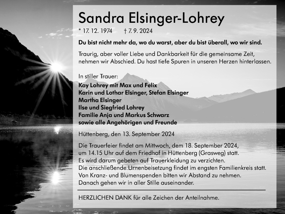  Traueranzeige für Sandra Elsinger-Lohrey vom 13.09.2024 aus Giessener Allgemeine, Alsfelder Allgemeine