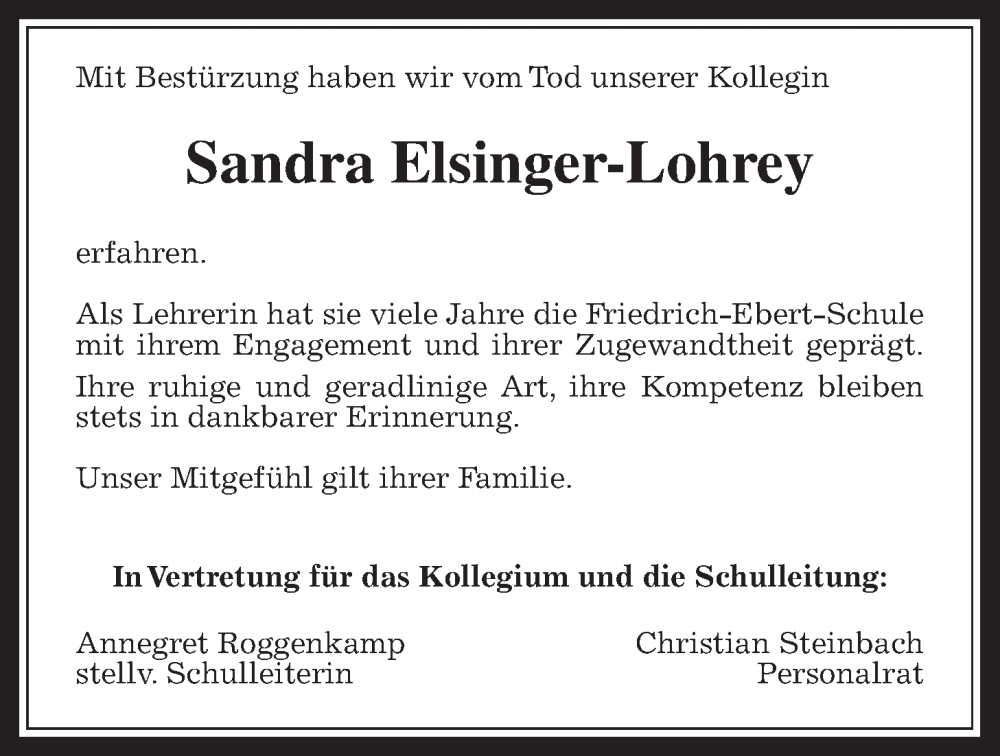  Traueranzeige für Sandra Elsinger-Lohrey vom 13.09.2024 aus Giessener Anzeiger