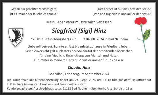 Traueranzeige von Siegfried Hinz von Wetterauer Zeitung