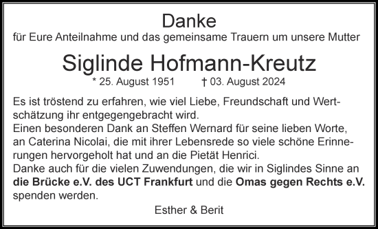 Traueranzeige von Siglinde Hofmann-Kreutz von Usinger Anzeiger