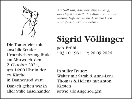 Traueranzeige von Sigrid Völlinger von Oberhessische Zeitung, Alsfelder Allgemeine