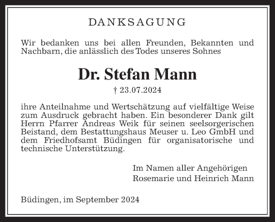 Traueranzeige von Stefan Mann von Kreis-Anzeiger