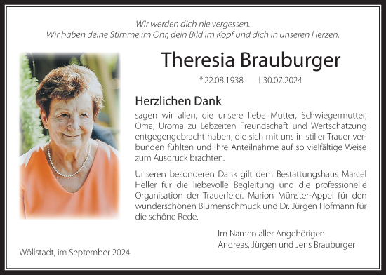 Traueranzeige von Theresia Brauburger von Wetterauer Zeitung