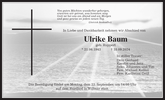 Traueranzeige von Ulrike Baum von Giessener Allgemeine, Alsfelder Allgemeine, Giessener Anzeiger