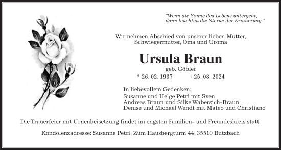 Traueranzeige von Ursula Braun von Wetterauer Zeitung