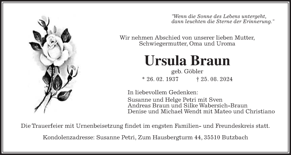  Traueranzeige für Ursula Braun vom 14.09.2024 aus Wetterauer Zeitung