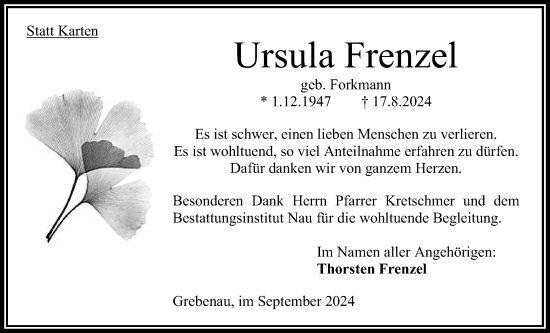 Traueranzeige von Ursula Frenzel 