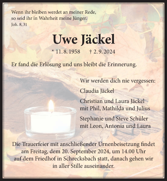 Traueranzeige von Uwe Jäckel 