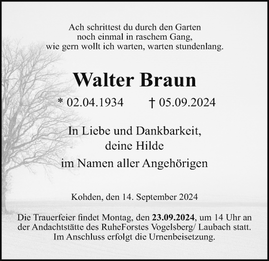 Traueranzeige von Walter Braun von Kreis-Anzeiger