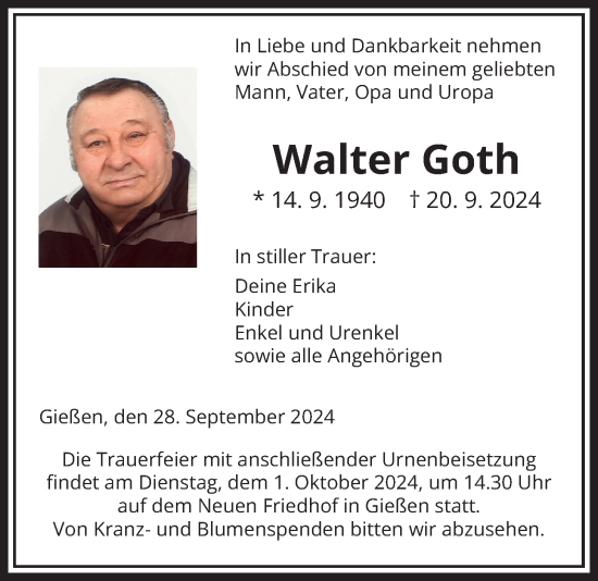 Traueranzeige von Walter Goth von Giessener Allgemeine, Alsfelder Allgemeine